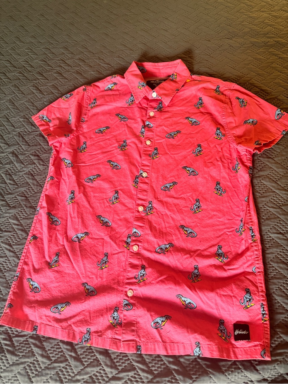Hollister Short-Sleeve Button-Down Shirt in Coral with Surf Dinosaur Print